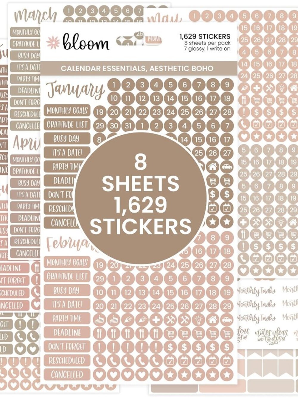 Muted Neutrals Calendar Essentials Planner Stickers - 8 Sheets, 1629 Stickers Pe